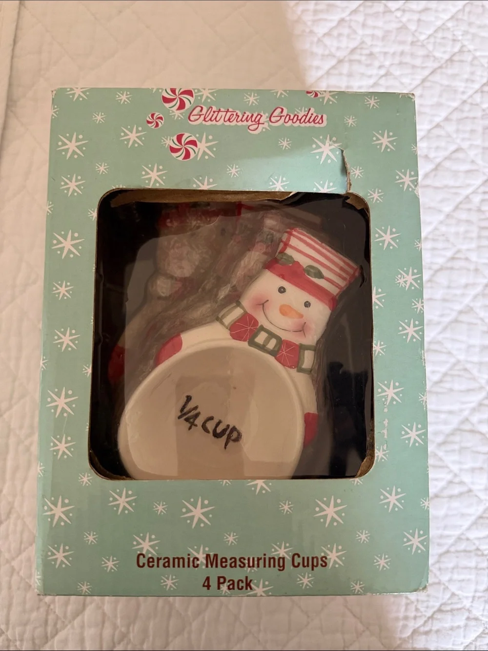 Glittering Goodies Snowman Ceramic Measuring Cups - Mint & Red Set
